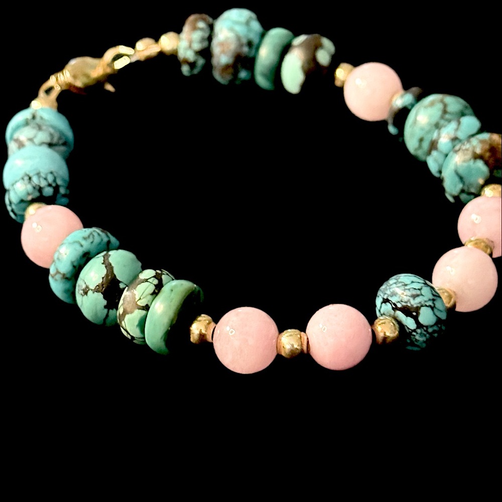 14k Yellow Gold Artisan Turquoise and Pink‎ Opal  Beaded Bracelet